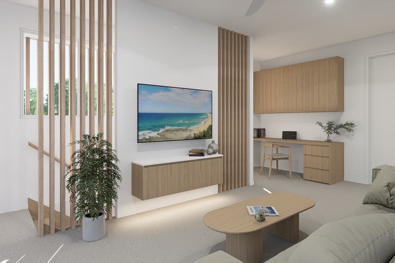 Upstairs lounge with wall-mounted TV cabinet